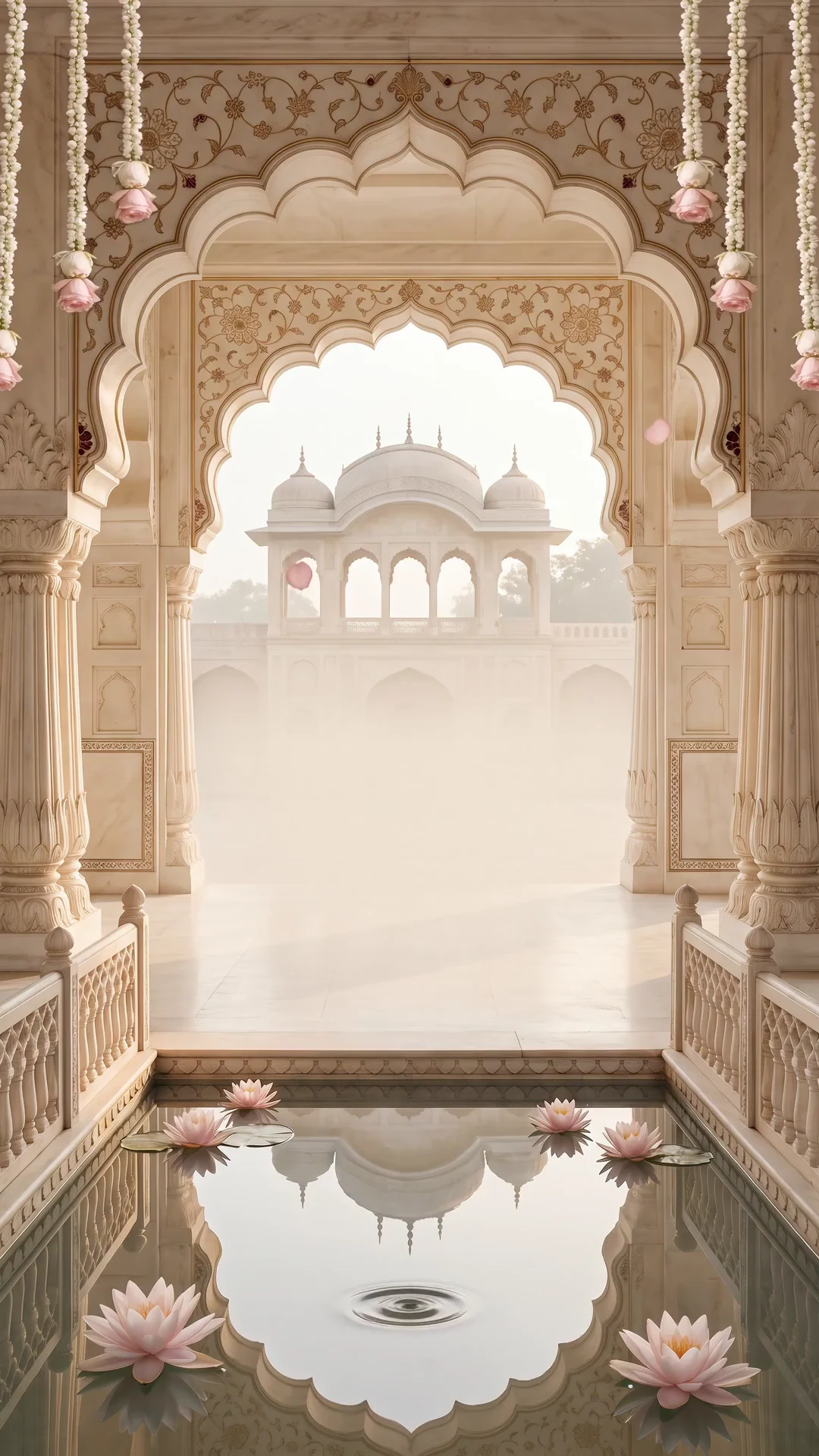 An ivory palace opening onto a sunlit lotus courtyard