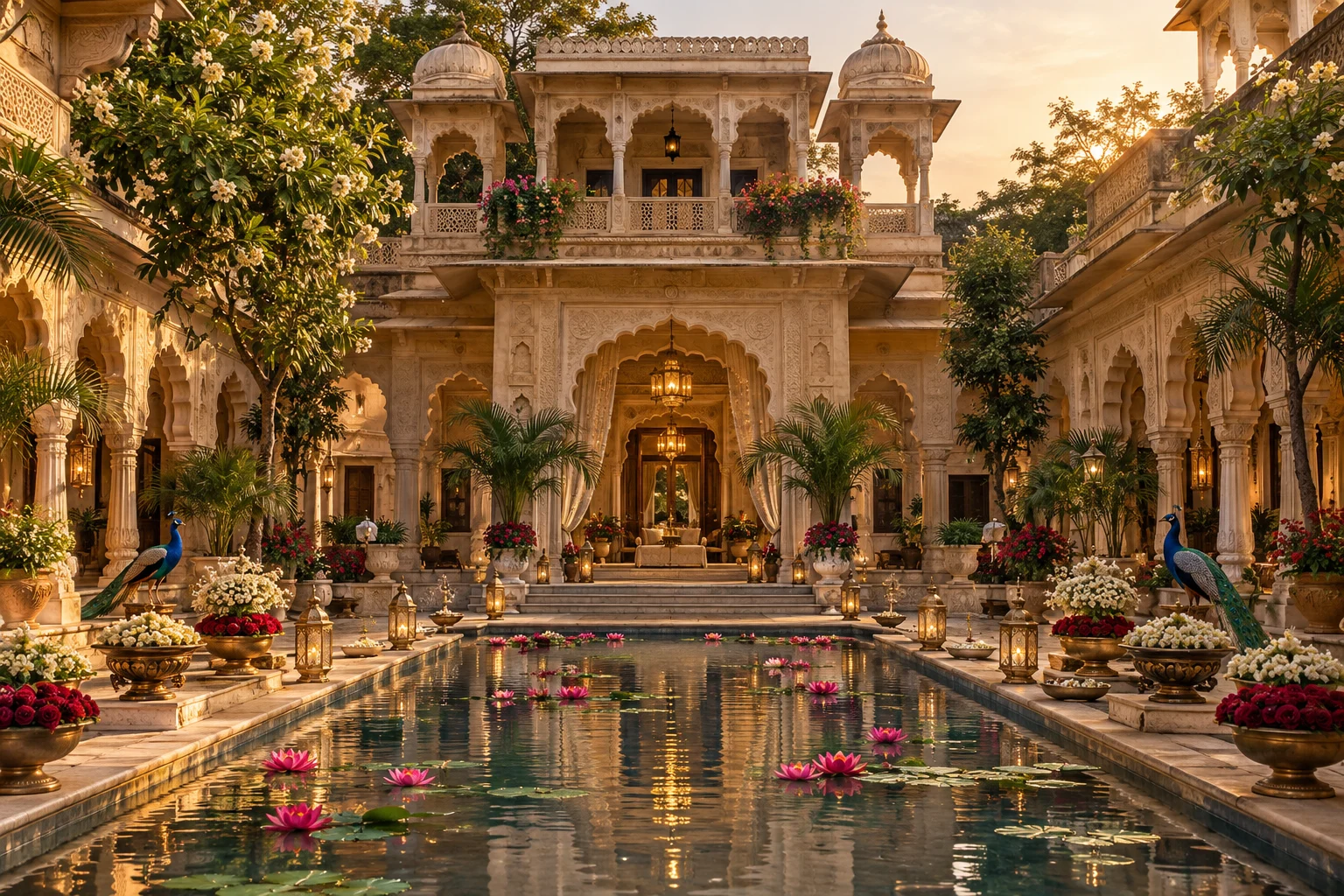 A golden haveli courtyard with lotus pools, lanterns and flowering gardens