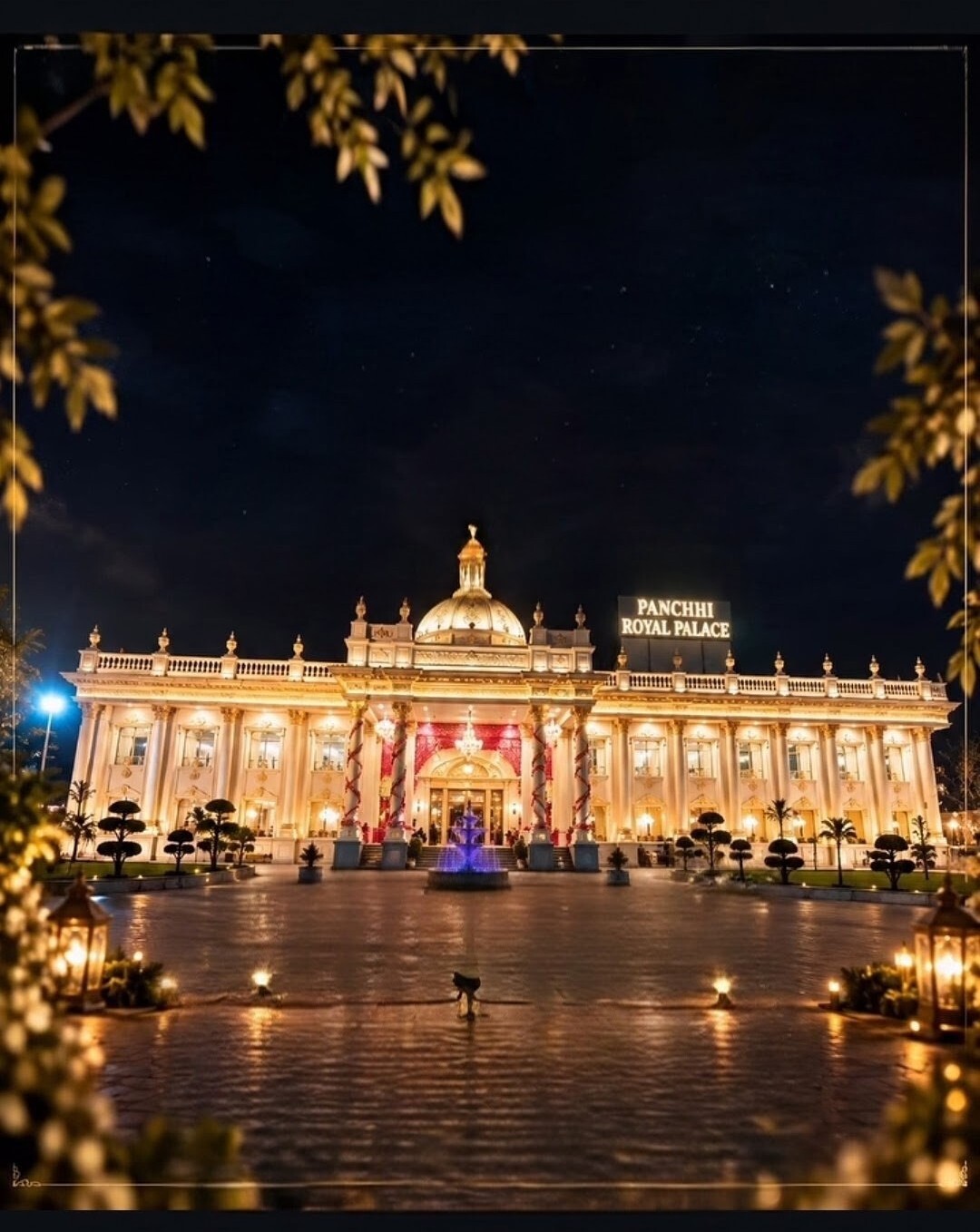 Panchhi Royal Palace illuminated at night, with its entrance and courtyard