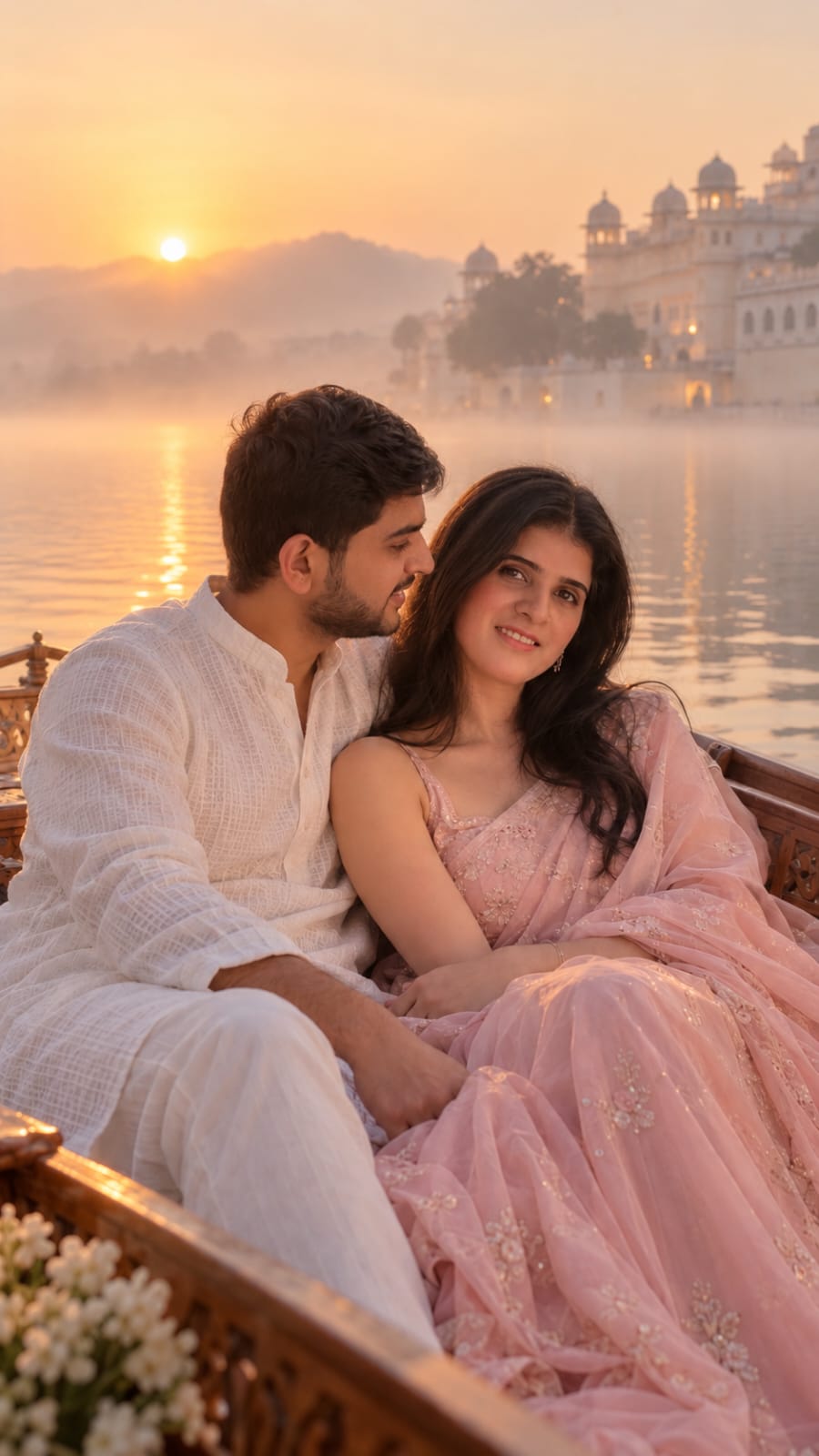 Ankita and Neel together on a boat at sunset